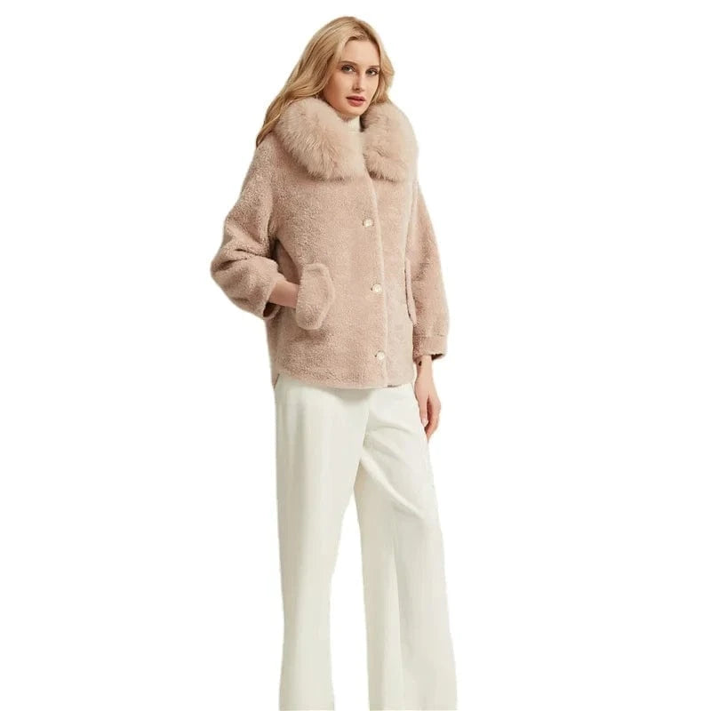 Pudi women real sheep fur coat jacket female winter fox fur collar jackets hooded parka trench H985