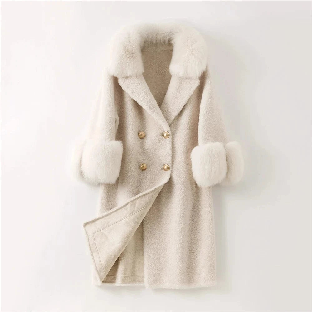 Pudi women real sheep fur coat jacket female winter warm fox fur collar jackets parka trench H625