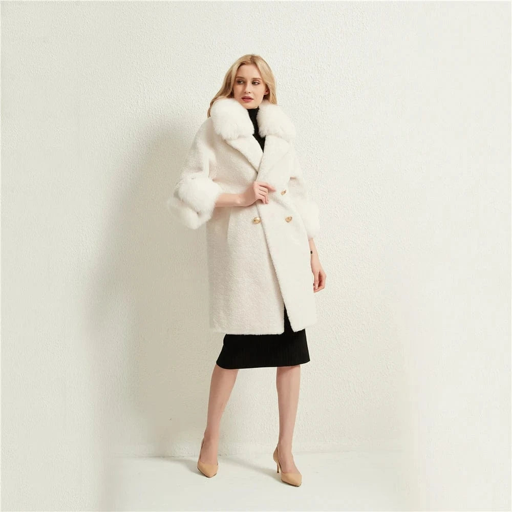 Pudi women real sheep fur coat jacket female winter warm fox fur collar jackets parka trench H625