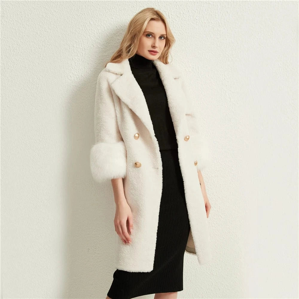 Pudi women real sheep fur coat jacket female winter warm fox fur collar jackets parka trench H625