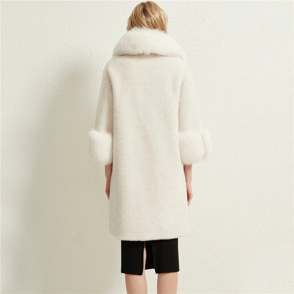 Pudi women real sheep fur coat jacket female winter warm fox fur collar jackets parka trench H625