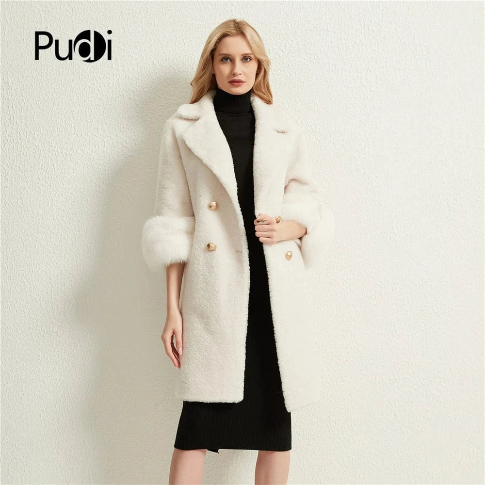 Pudi women real sheep fur coat jacket female winter warm fox fur collar jackets parka trench H625
