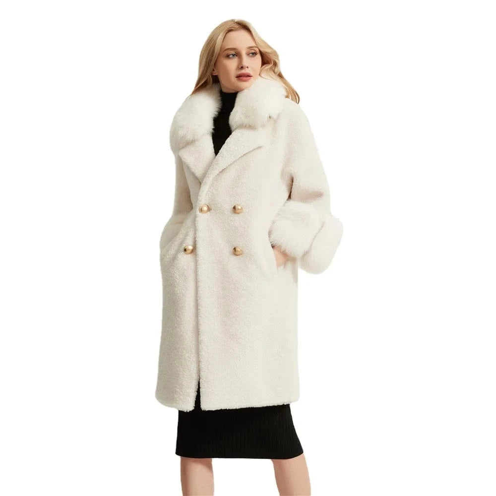 Pudi women real sheep fur coat jacket female winter warm fox fur collar jackets parka trench H625