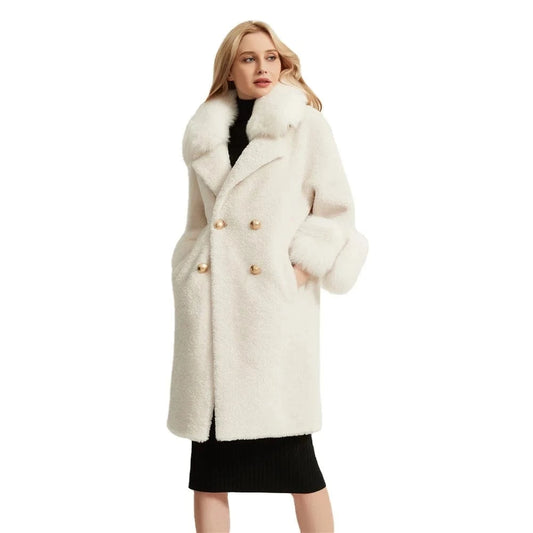 Pudi women real sheep fur coat jacket female winter warm fox fur collar jackets parka trench H625