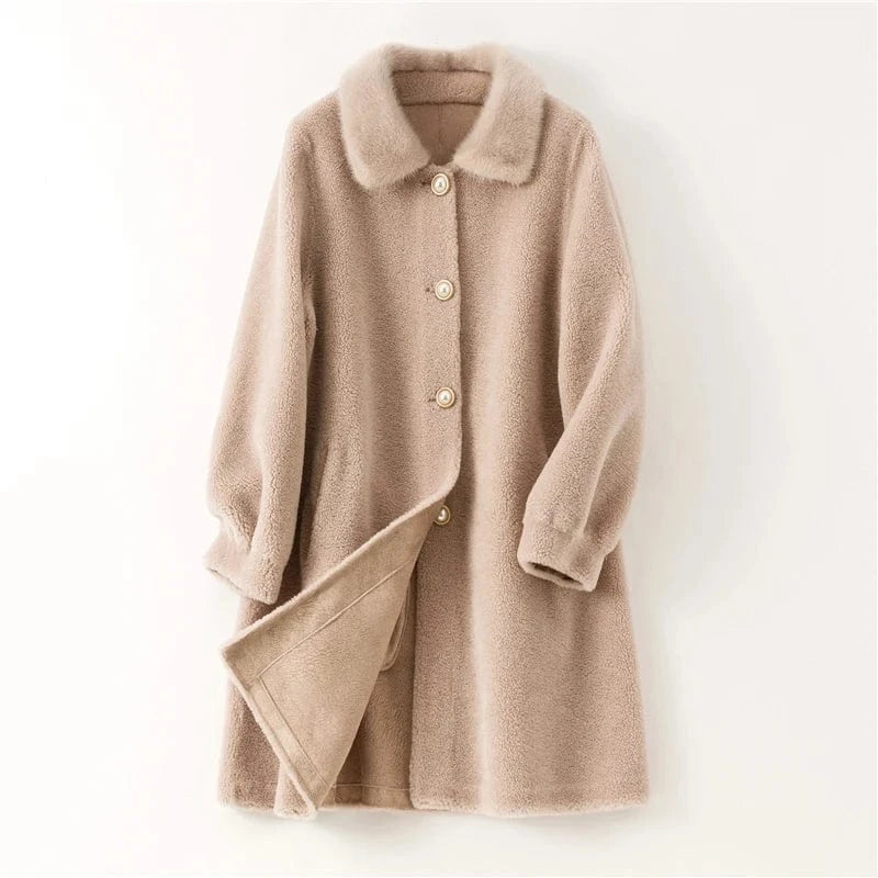 Pudi women real sheep fur coat jacket female winter warm mink fur collar jackets parka trench H99151