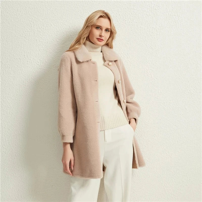 Pudi women real sheep fur coat jacket female winter warm mink fur collar jackets parka trench H99151