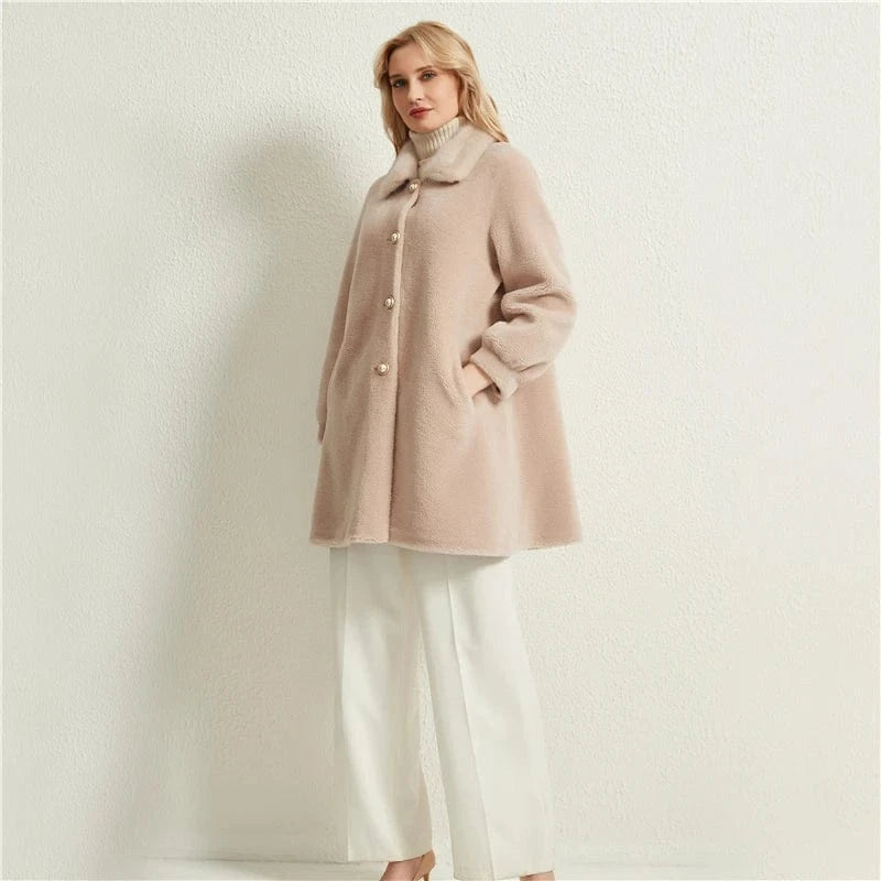 Pudi women real sheep fur coat jacket female winter warm mink fur collar jackets parka trench H99151
