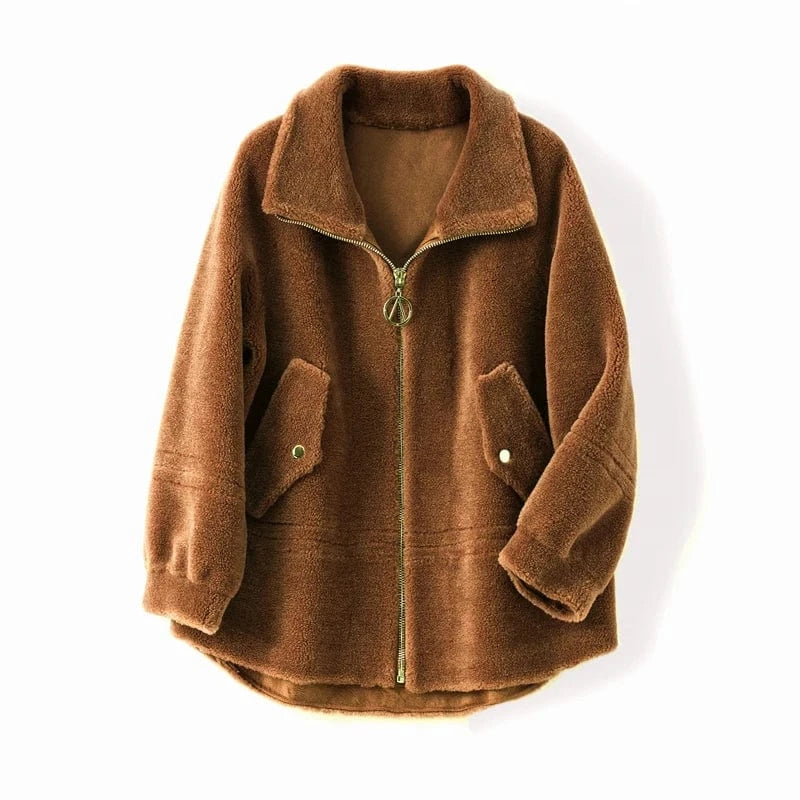 Pudi women real wool fur coat jacket female winter sheep fur jackets coats parka trench H985-A