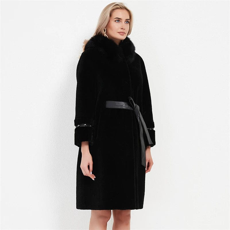 PUDI Women's Winter Warm Real Wool Fur Coat Jacket Vest Lady Over Size Mink Fur Parka Trench With Real Fox Collar H2105