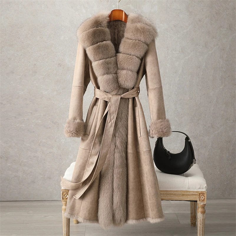 PUDI Women Winter Fur Coat Lady Fox Collar Rabbit Lining Leisure Long Jacket Trench CT187