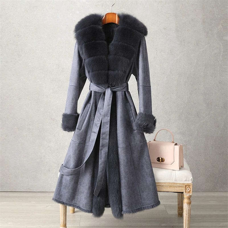 PUDI Women Winter Fur Coat Lady Fox Collar Rabbit Lining Leisure Long Jacket Trench CT187