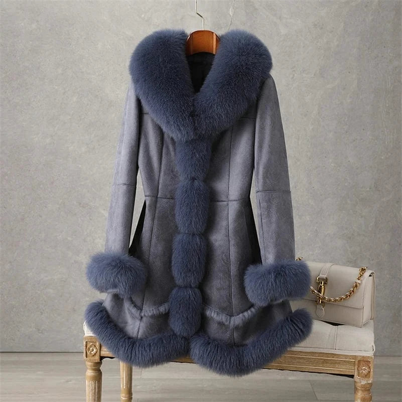 PUDI Women Winter Fur Coat Lady Fox Collar Rabbit Lining Leisure Long Jacket Trench CT188