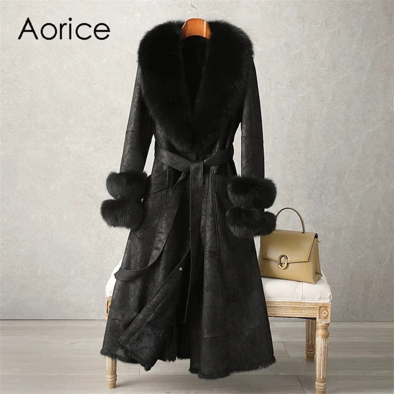 PUDI Women Winter Fur Coat Long Jacket Trench CT186 Fox Collar Rabbit Lining Leisure Lady Vintage Thick Woolen Nonwoven V-neck