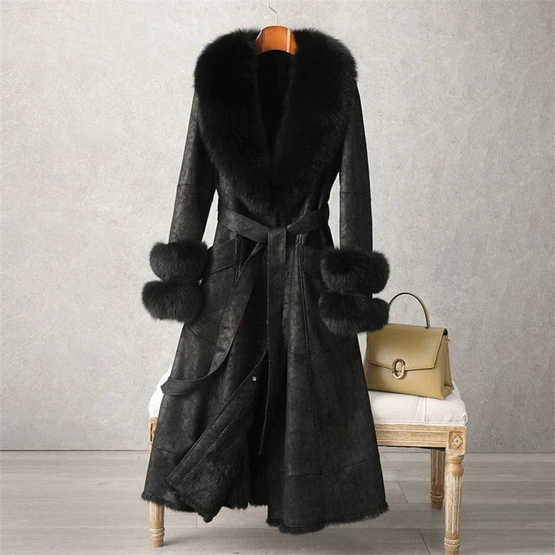 PUDI Women Winter Fur Coat Long Jacket Trench CT186 Fox Collar Rabbit Lining Leisure Lady Vintage Thick Woolen Nonwoven V-neck
