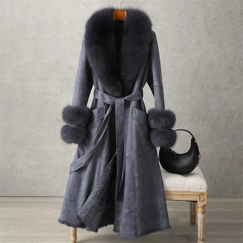 PUDI Women Winter Fur Coat Long Jacket Trench CT186 Fox Collar Rabbit Lining Leisure Lady Vintage Thick Woolen Nonwoven V-neck