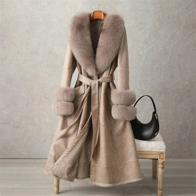 PUDI Women Winter Fur Coat Long Jacket Trench CT186 Fox Collar Rabbit Lining Leisure Lady Vintage Thick Woolen Nonwoven V-neck