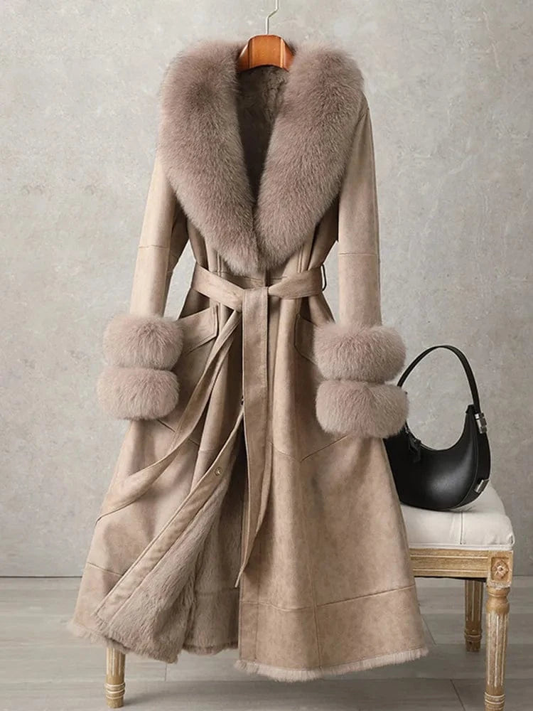 PUDI Women Winter Fur Coat Long Jacket Trench CT186 Fox Collar Rabbit Lining Leisure Lady Vintage Thick Woolen Nonwoven V-neck