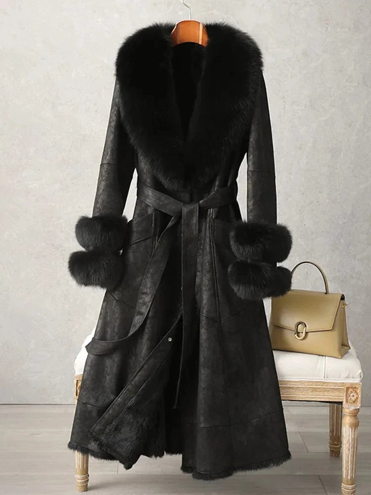 PUDI Women Winter Fur Coat Long Jacket Trench CT186 Fox Collar Rabbit Lining Leisure Lady Vintage Thick Woolen Nonwoven V-neck