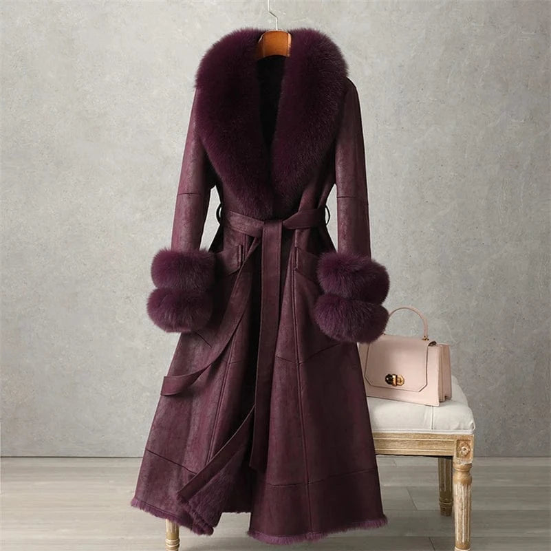 PUDI Women Winter Fur Coat Long Jacket Trench CT186 Fox Collar Rabbit Lining Leisure Lady Vintage Thick Woolen Nonwoven V-neck
