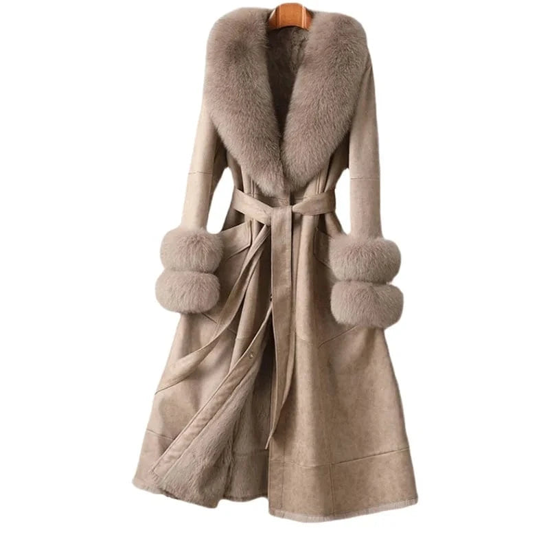 PUDI Women Winter Fur Coat Long Jacket Trench CT186 Fox Collar Rabbit Lining Leisure Lady Vintage Thick Woolen Nonwoven V-neck