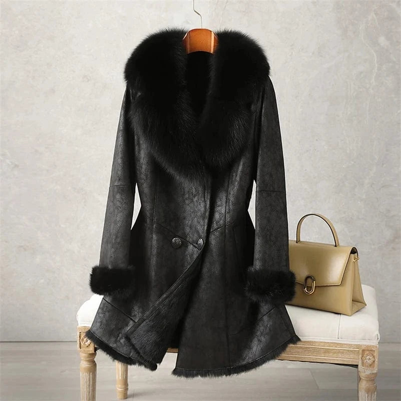 PUDI Women Winter Fur Coat Long Jacket Trench CT189 Fox Collar Rabbit Lining Luxury Lady Vintage Thick Woolen Nonwoven Full Pelt