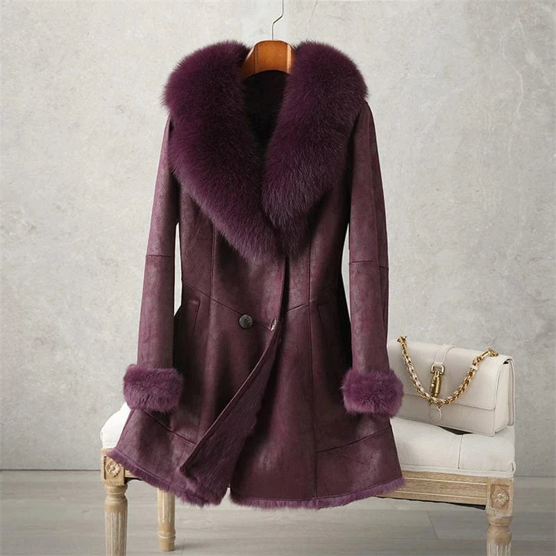 PUDI Women Winter Fur Coat Long Jacket Trench CT189 Fox Collar Rabbit Lining Luxury Lady Vintage Thick Woolen Nonwoven Full Pelt