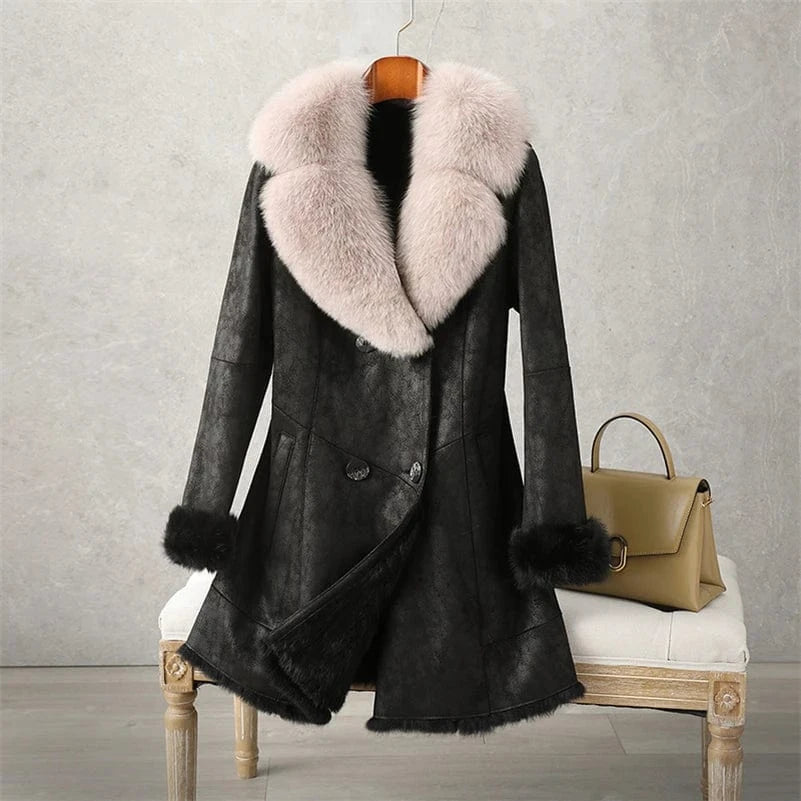 PUDI Women Winter Fur Coat Long Jacket Trench CT189 Fox Collar Rabbit Lining Luxury Lady Vintage Thick Woolen Nonwoven Full Pelt