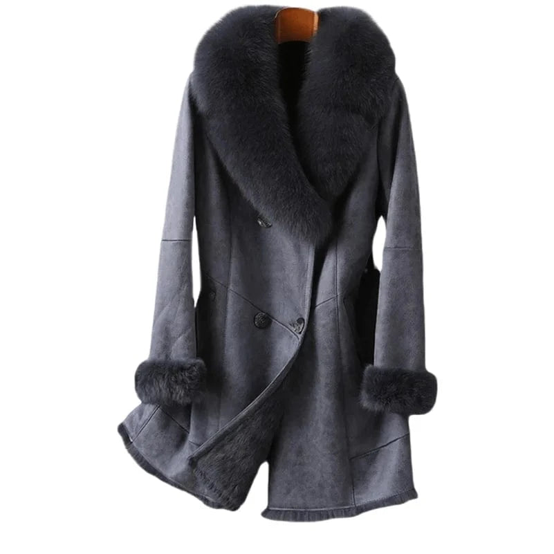 PUDI Women Winter Fur Coat Long Jacket Trench CT189 Fox Collar Rabbit Lining Luxury Lady Vintage Thick Woolen Nonwoven Full Pelt