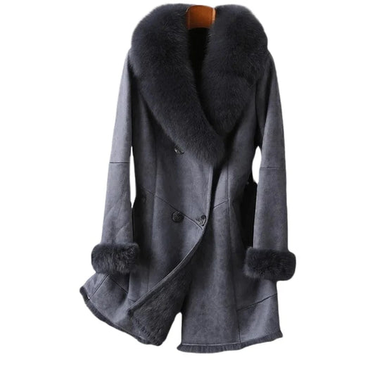 PUDI Women Winter Fur Coat Long Jacket Trench CT189 Fox Collar Rabbit Lining Luxury Lady Vintage Thick Woolen Nonwoven Full Pelt