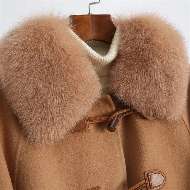Pudi Women Winter Real Fox Fur Coat Jacket Blends Parka Trench Cape Z21171 Over Size Wool Female Lady Fleece Woven Long Raw