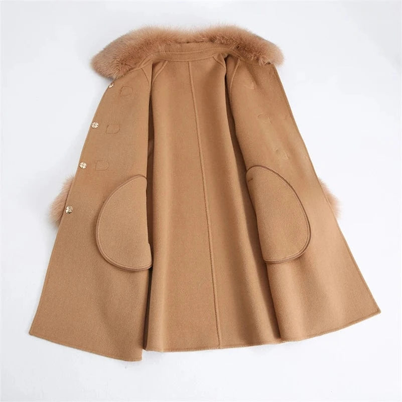 Pudi Women Winter Real Fox Fur Coat Jacket Blends Parka Trench Cape Z21171 Over Size Wool Female Lady Fleece Woven Long Raw