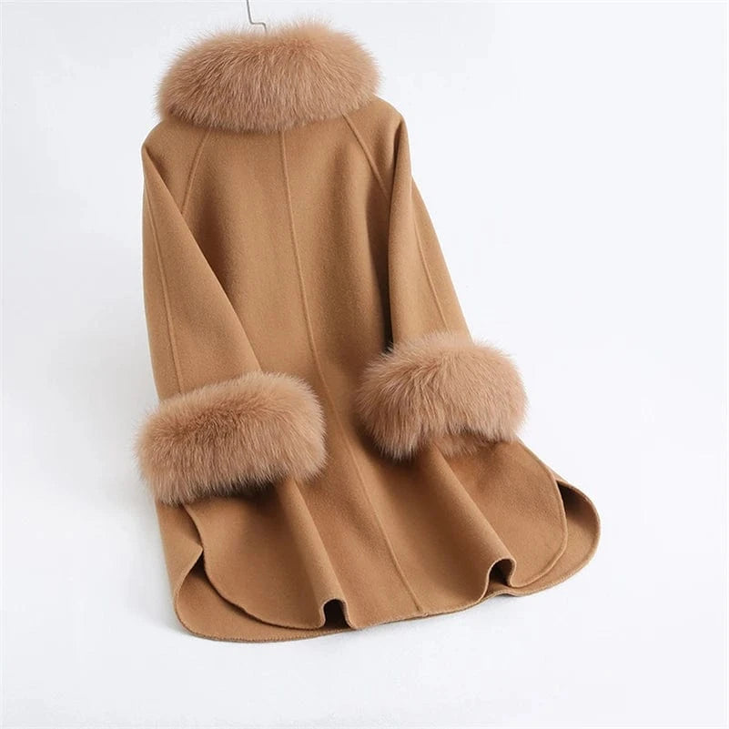 Pudi Women Winter Real Fox Fur Coat Jacket Blends Parka Trench Cape Z21171 Over Size Wool Female Lady Fleece Woven Long Raw