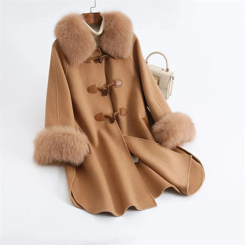 Pudi Women Winter Real Fox Fur Coat Jacket Blends Parka Trench Cape Z21171 Over Size Wool Female Lady Fleece Woven Long Raw
