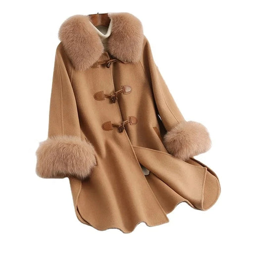 Pudi Women Winter Real Fox Fur Coat Jacket Blends Parka Trench Cape Z21171 Over Size Wool Female Lady Fleece Woven Long Raw