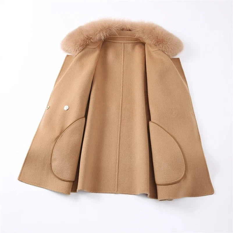 Pudi Women Winter Real Fox Fur Coat Jacket Blends Parka Trench Cape Z21182 Over Size Wool Female Lady Fleece Woven Autumn