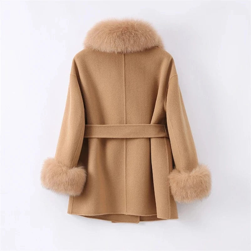 Pudi Women Winter Real Fox Fur Coat Jacket Blends Parka Trench Cape Z21182 Over Size Wool Female Lady Fleece Woven Autumn
