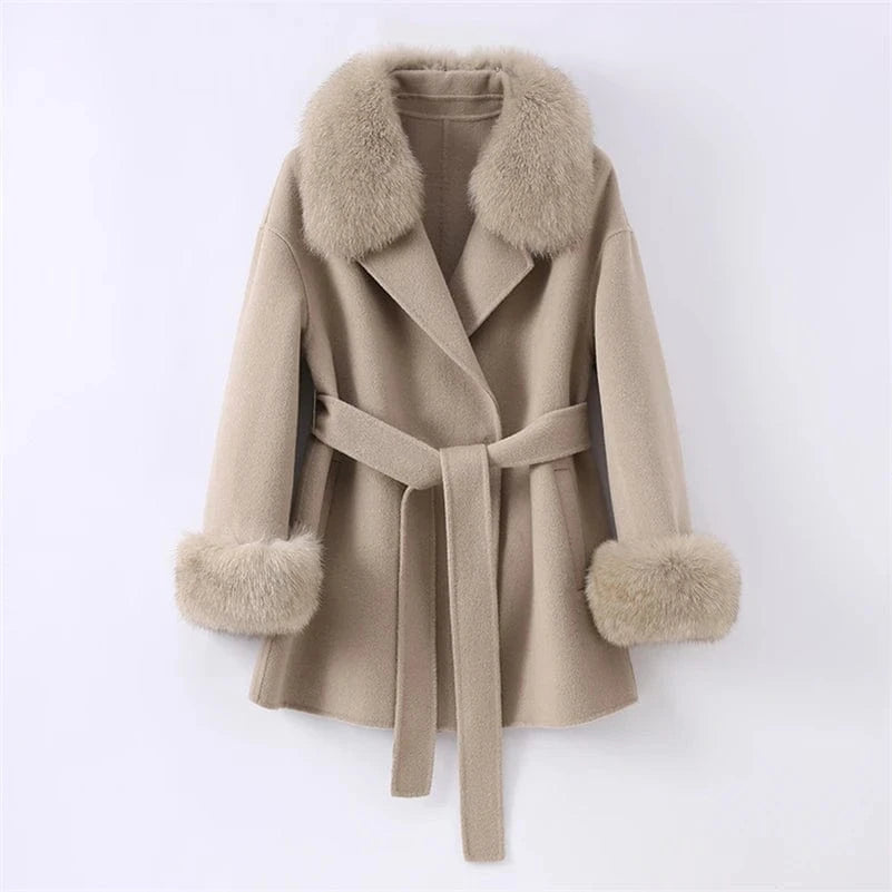 Pudi Women Winter Real Fox Fur Coat Jacket Blends Parka Trench Cape Z21182 Over Size Wool Female Lady Fleece Woven Autumn