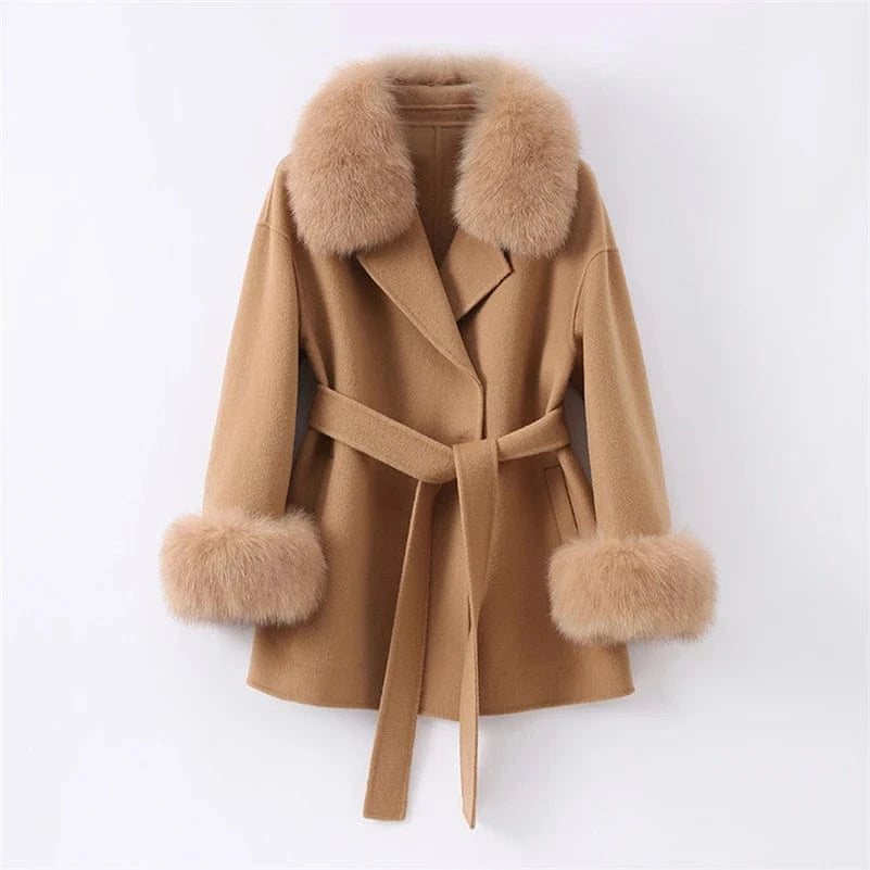 Pudi Women Winter Real Fox Fur Coat Jacket Blends Parka Trench Cape Z21182 Over Size Wool Female Lady Fleece Woven Autumn