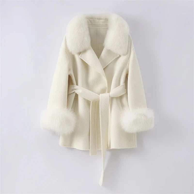 Pudi Women Winter Real Fox Fur Coat Jacket Blends Parka Trench Cape Z21182 Over Size Wool Female Lady Fleece Woven Autumn