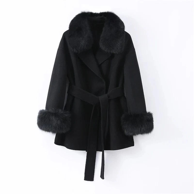 Pudi Women Winter Real Fox Fur Coat Jacket Blends Parka Trench Cape Z21182 Over Size Wool Female Lady Fleece Woven Autumn