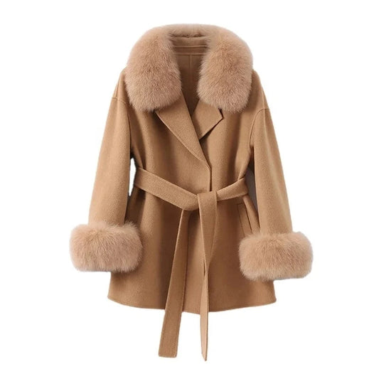 Pudi Women Winter Real Fox Fur Coat Jacket Blends Parka Trench Cape Z21182 Over Size Wool Female Lady Fleece Woven Autumn