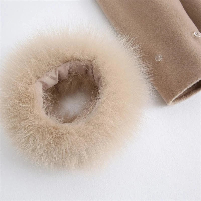 Pudi Women Winter Real Fox Fur Coat Jacket Female Lady Over Size Wool Blends Parka Trench Cape Z21172