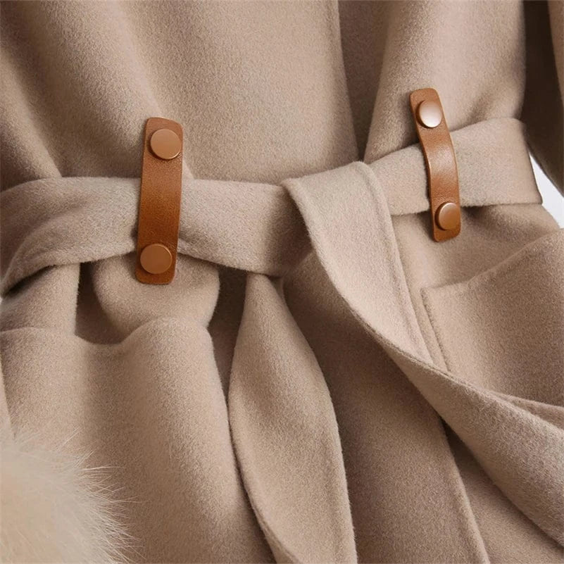 Pudi Women Winter Real Fox Fur Coat Jacket Female Lady Over Size Wool Blends Parka Trench Cape Z21172