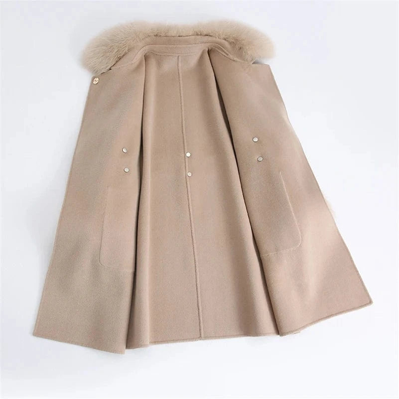 Pudi Women Winter Real Fox Fur Coat Jacket Female Lady Over Size Wool Blends Parka Trench Cape Z21172