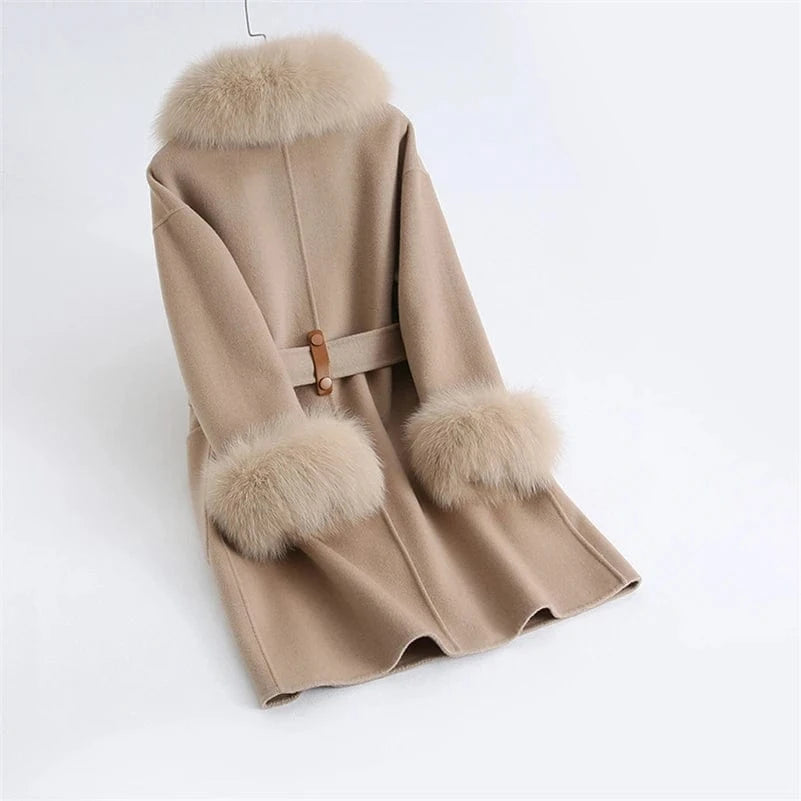 Pudi Women Winter Real Fox Fur Coat Jacket Female Lady Over Size Wool Blends Parka Trench Cape Z21172