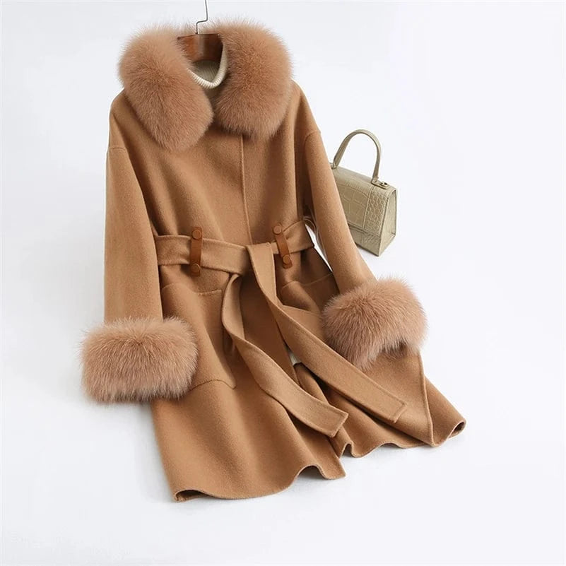 Pudi Women Winter Real Fox Fur Coat Jacket Female Lady Over Size Wool Blends Parka Trench Cape Z21172