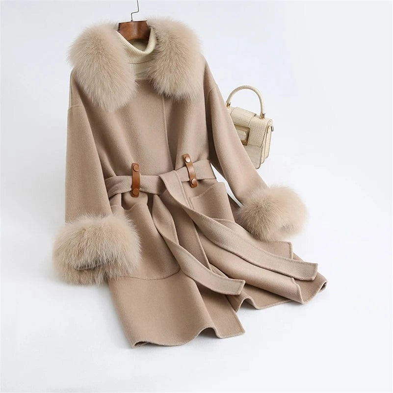 Pudi Women Winter Real Fox Fur Coat Jacket Female Lady Over Size Wool Blends Parka Trench Cape Z21172