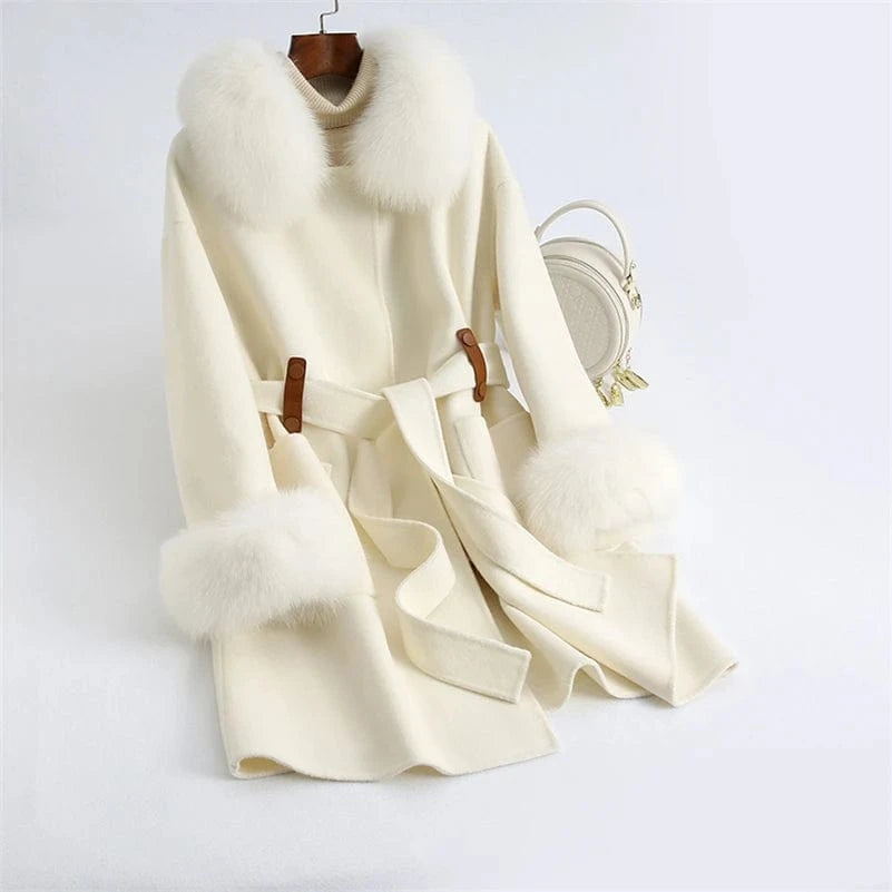Pudi Women Winter Real Fox Fur Coat Jacket Female Lady Over Size Wool Blends Parka Trench Cape Z21172
