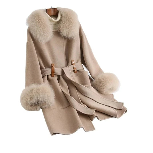 Pudi Women Winter Real Fox Fur Coat Jacket Female Lady Over Size Wool Blends Parka Trench Cape Z21172
