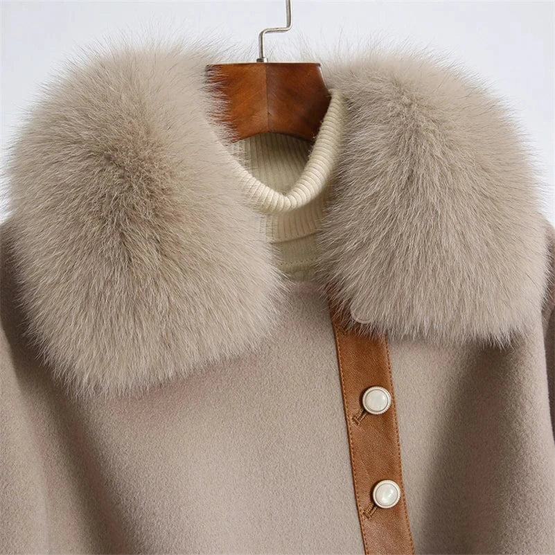 Pudi Women Winter Real Fox Fur Coat Jacket Female Lady Over Size Wool Blends Parka Trench Cape Z21186